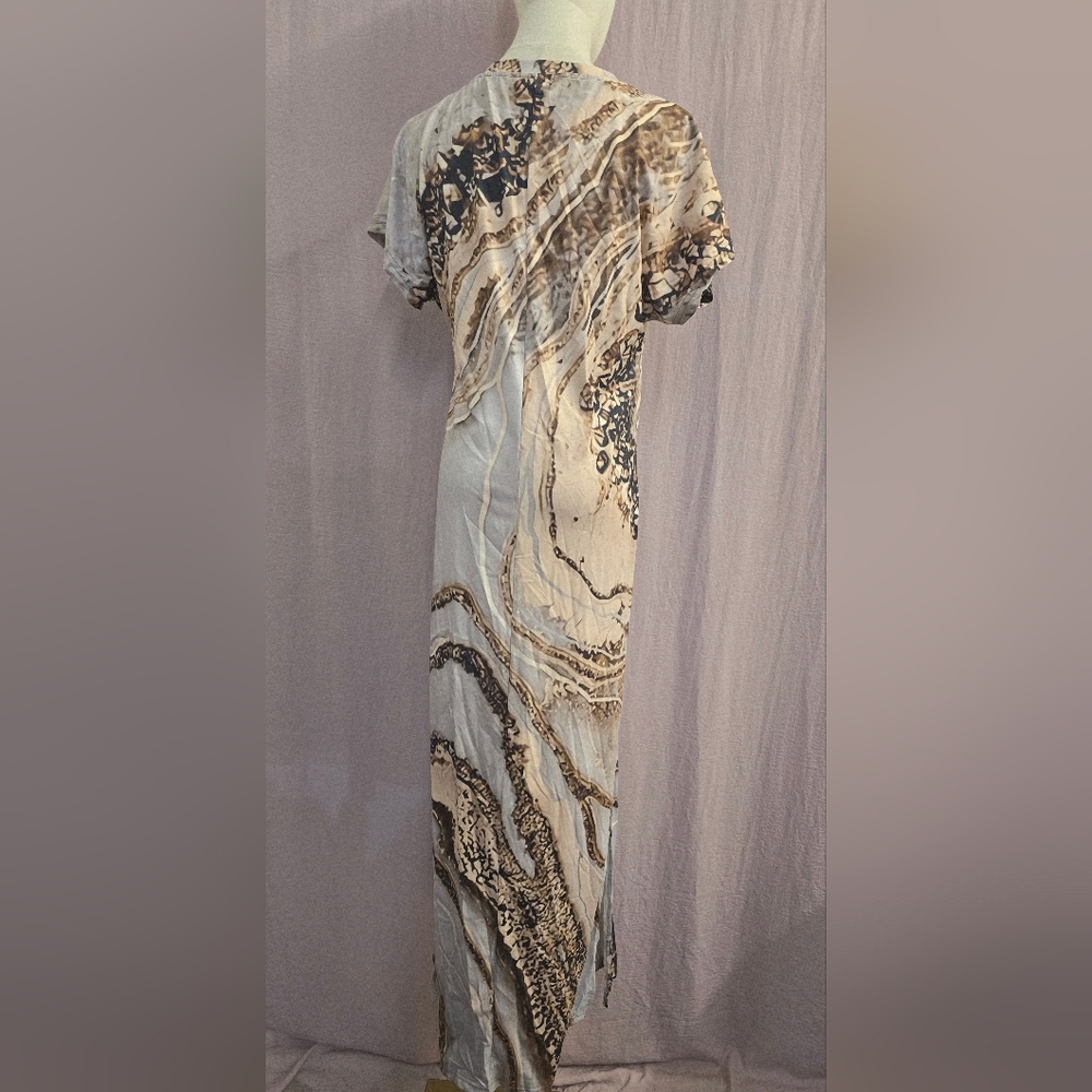 Women's Summer V-Neck Marble Print Maxi Dress With Side Slit, Beige - MEDIUM - Picture 4 of 7